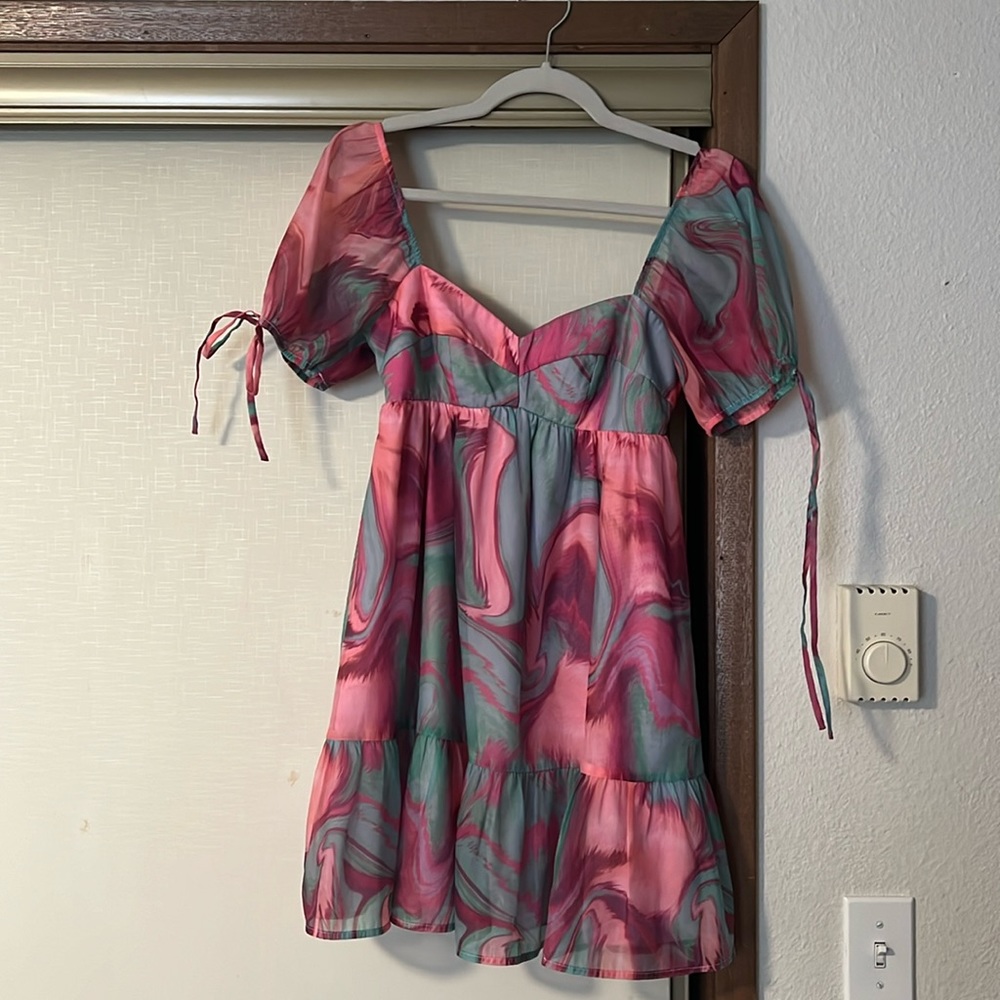 Amanda Uprichard pink, blue, green mini dress. Puff sleeves. Lightly worn